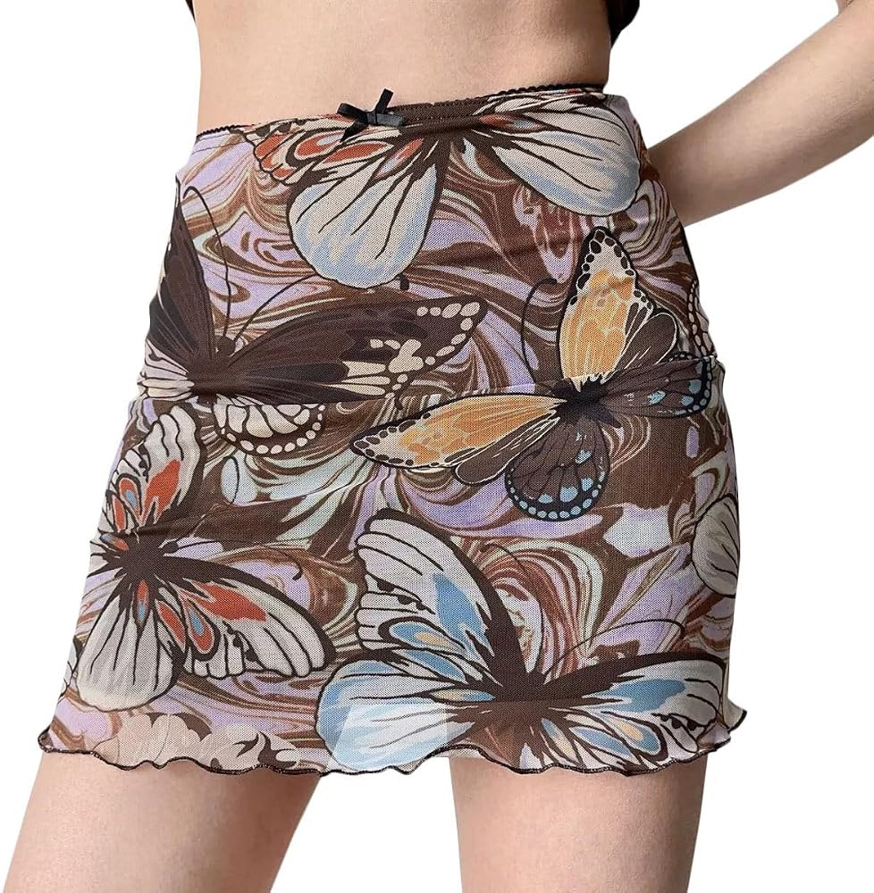 Women's Floral Mesh Mini Skirt Overlay Elastic Waist Bodycon Short Party Skirts | Amazon (US)