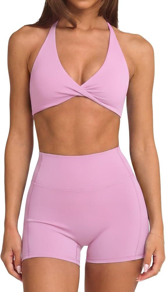SUUKSESS Women 2 Piece Workout Sets Twist V Neck Sports Bra Yoga Gym Biker Short | Amazon (US)