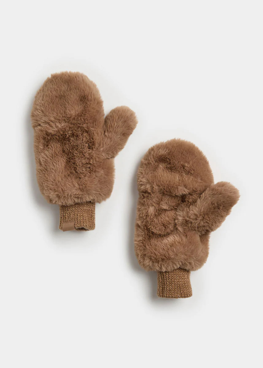 Mad Hatter Faux-Fur Mittens - Taupe | Alice & Wonder