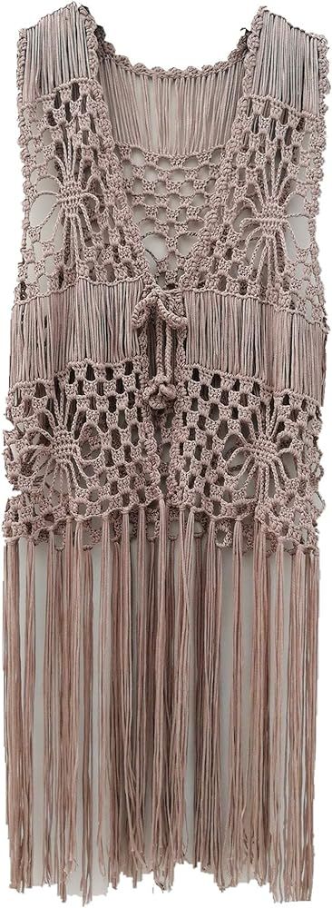 Sleeveless Long Fringe Crochet Vest Beach Bikini Cover up Hippie Clothes for Women Free Size Summ... | Amazon (US)