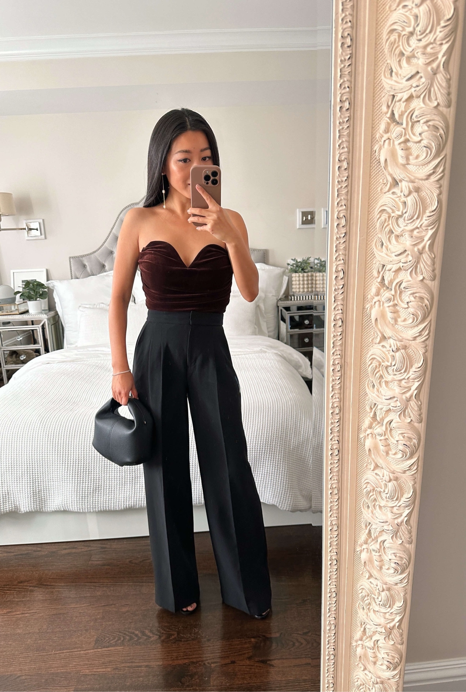 New Years Eve and holiday party outfit idea // velvet corset top + high waisted trousers 

•on super sale: Velvet corset top xs. Love this and ended up getting a second color as well. So chic paired with skirts like slip or pleated skirts and also with faux leather pants. 
•High waisted trousers 00 short. These run long fyi 
•Edited Pieces tennis style bracelet
•Sophiya Pearl drop earrings
•Polene bag

#petite #nye #holidayparty #holidaystyle

#LTKSeasonal #LTKHoliday #LTKunder50