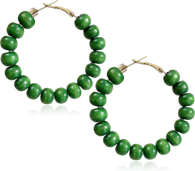 Handmade Nature Wooden Beaded Hoop Earrings Bohemian Minimalist Colorful Circle Round Wood Bead E... | Amazon (US)