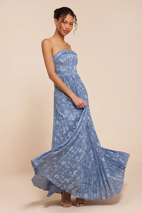 Elysium Slate Blue Floral Burnout Strapless Maxi Dress | Lulus
