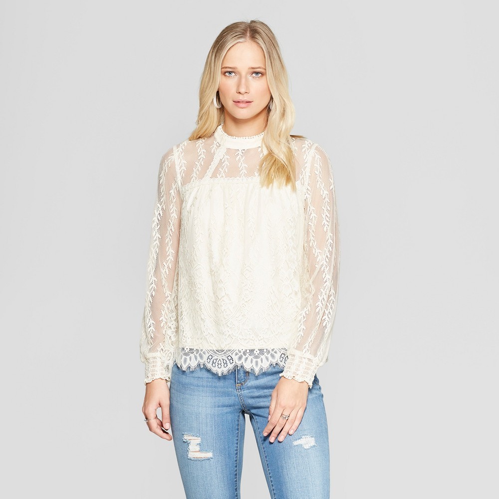 Women's Long Sleeve High Neck Lace Top - Xhilaration Ivory S | Target
