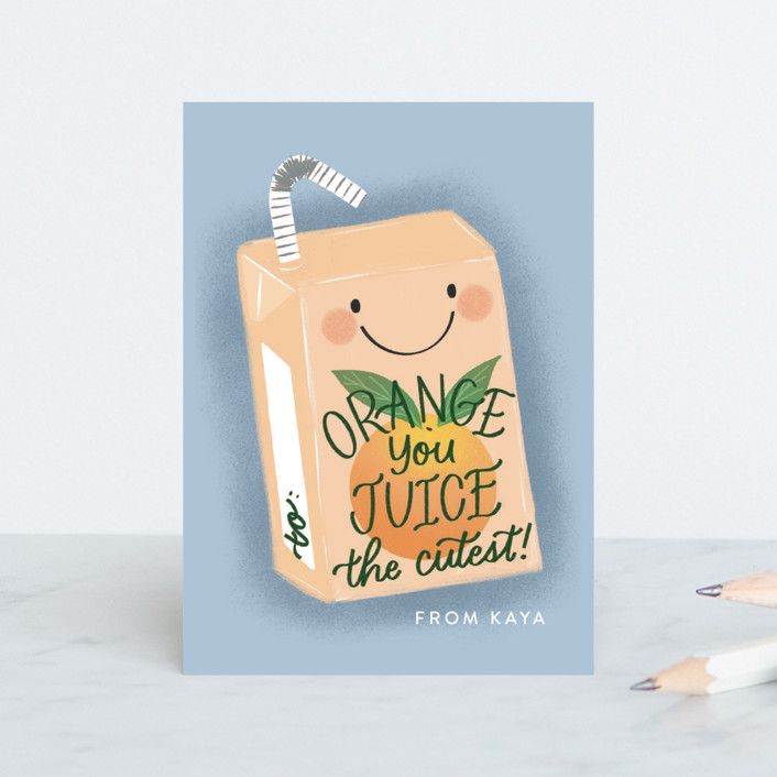 "Juice the Cutest" - Customizable Classroom Valentine's Cards in Blue by Jackie Crawford. | Minted