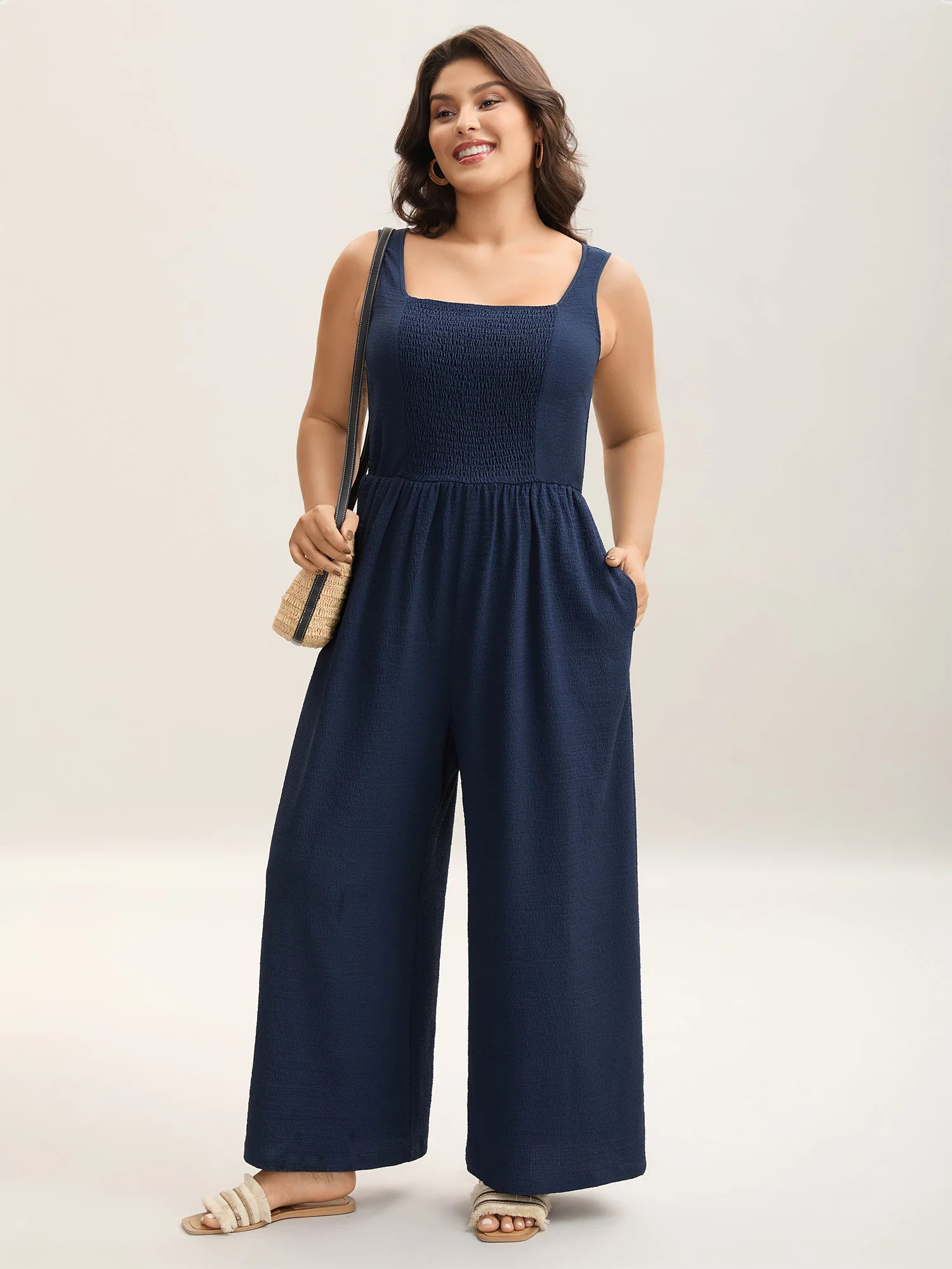 Shirred Pockets Wide-Leg Plain Jumpsuit | Bloomchic