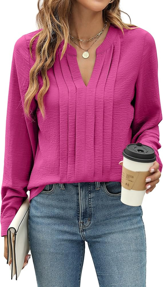 Blooming Jelly Women's Dressy Casual Blouses Business Work Tops Long Sleeve V Neck Pleated Shirts... | Amazon (US)