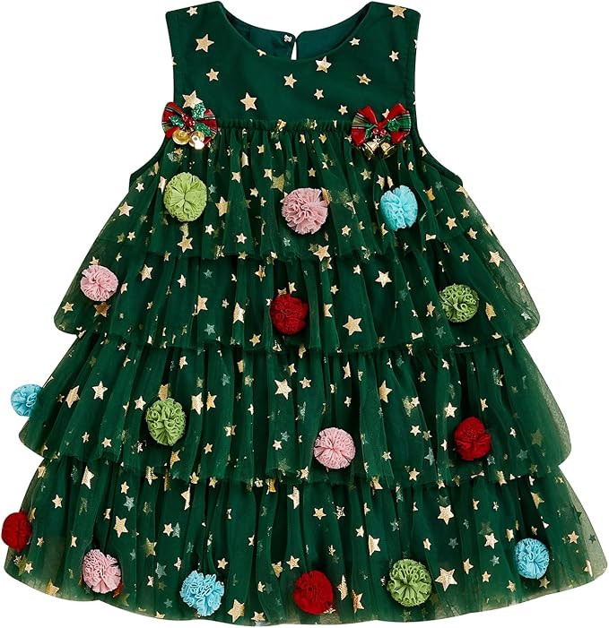 Toddler Baby Girl Christmas Dress Outfit Kids Little Girls Sequin Pompom Xmas Tree Tulle Tutu Chr... | Amazon (US)