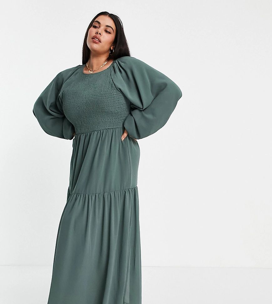 ASOS DESIGN Curve shirred bodice maxi dress in khaki-Green | ASOS (Global)