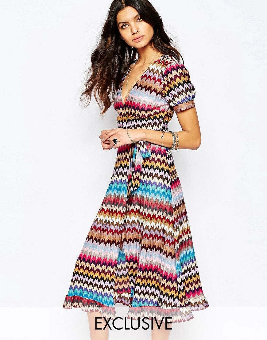 Reclaimed Vintage Wrap Front Midi Dress In Knitted 70S Zig Zag | ASOS UK