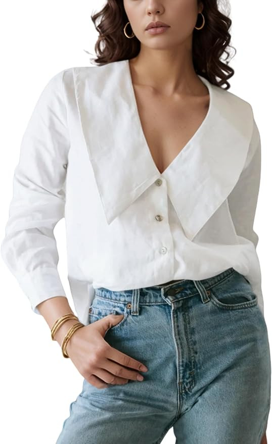 Daacee Women’s Big Collar Cotton Linen Blouses Dressy Casual Long Sleeve V Neck Button Down Shi... | Amazon (US)