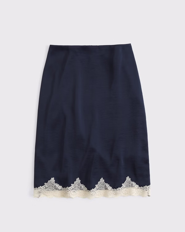 Women's High Rise Satin Lace-Hem Midi Skirt | Women's Clearance | Abercrombie.com | Abercrombie & Fitch (US)