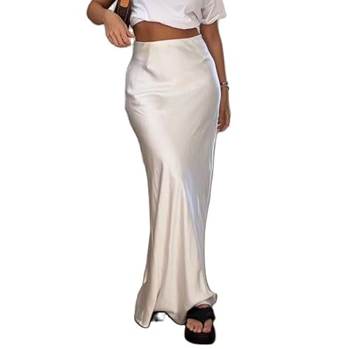 Womens Satin Maxi Skirt Silk Elegant High Waist Cocktail Midi Skirts A Line Flowy Ruffle Summer Party Skirt s White | Amazon (US)