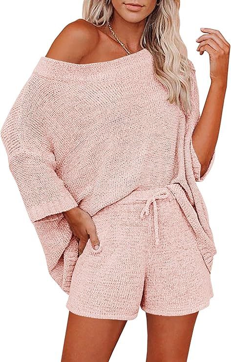 Ermonn Womens 2 Piece Outfits Sweater Sets Off Shoulder Knit Tops Waist Short Suits Casual Pajama... | Amazon (US)