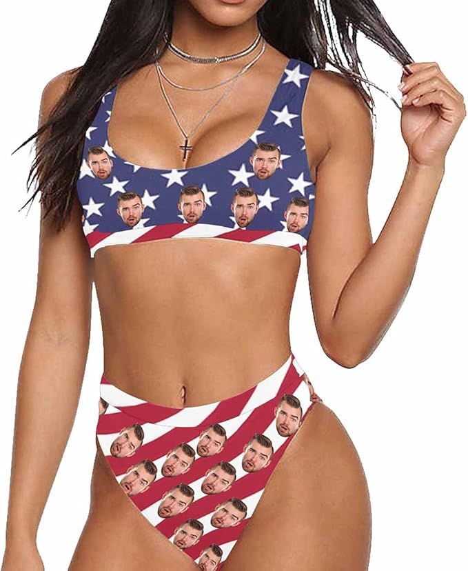 Custom Woman's American Flag Bikini with Face Personalized Photo on Bathing Suit for Women | Amazon (US)