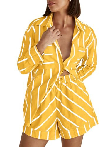 Tankaneo Womens Striped 2 Piece Outfits Button Down Shirts and Shorts Lounge Matching Set Yellow | Amazon (US)