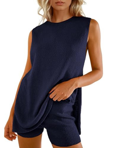 Wyeysyt 2 Piece Sets for Women Summer, Sweater Set Sleeveless Tunic Top and Shorts Beach Vacation Sets Tracksuits(Navy-Medium) | Amazon (US)