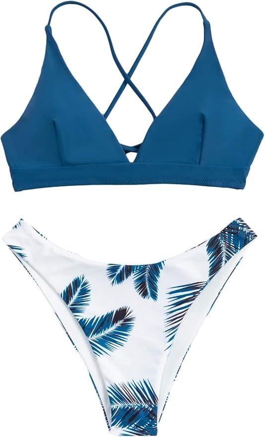 SweatyRocks Women's Sexy Bathing Suit Floral Print Cross Back Bikini Set Swimsuits | Amazon (US)