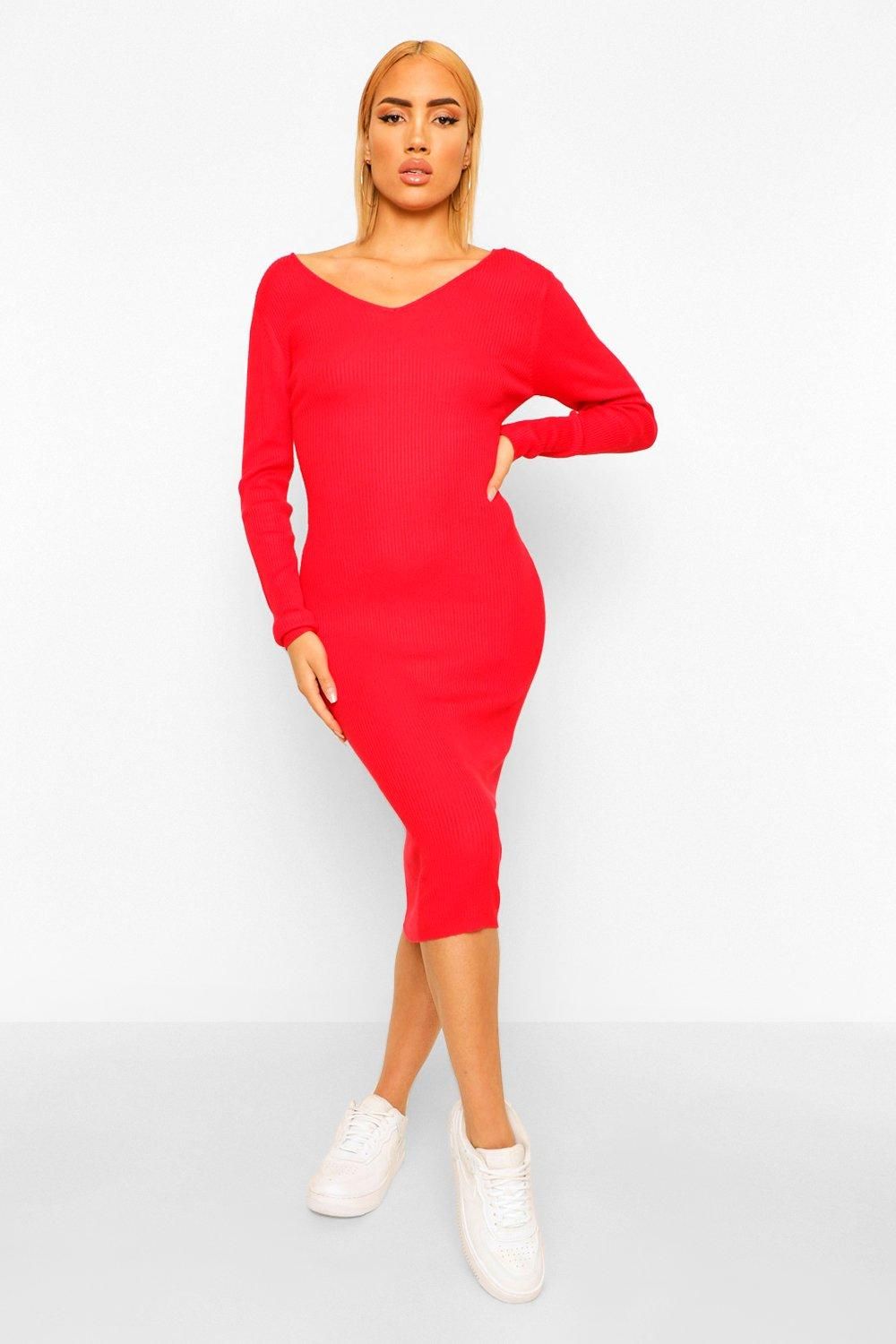 Womens Rib Knit Maxi Bodycon Dress - Red - M | Boohoo.com (US & CA)
