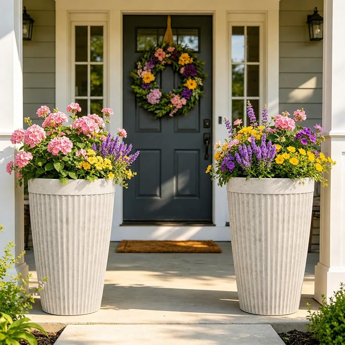 2-Pack 20" Vintage Ivory Resin Tall Planters with Fluted Texture | Set of 2 resin tall planters w... | Amazon (US)