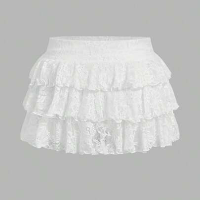 Plus Size Women Solid Color Lace Cake Skirt | SHEIN