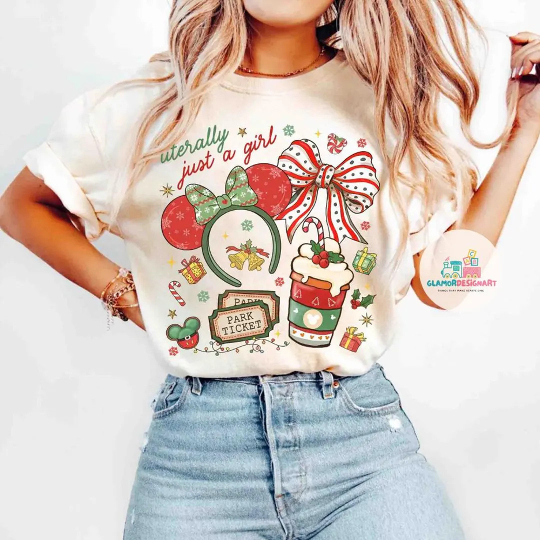 Disney Literally Just A Girl Christmas Shirt Minnie Bow Coffee Tee, Disney Merry Christmas Shirt ... | Etsy (US)