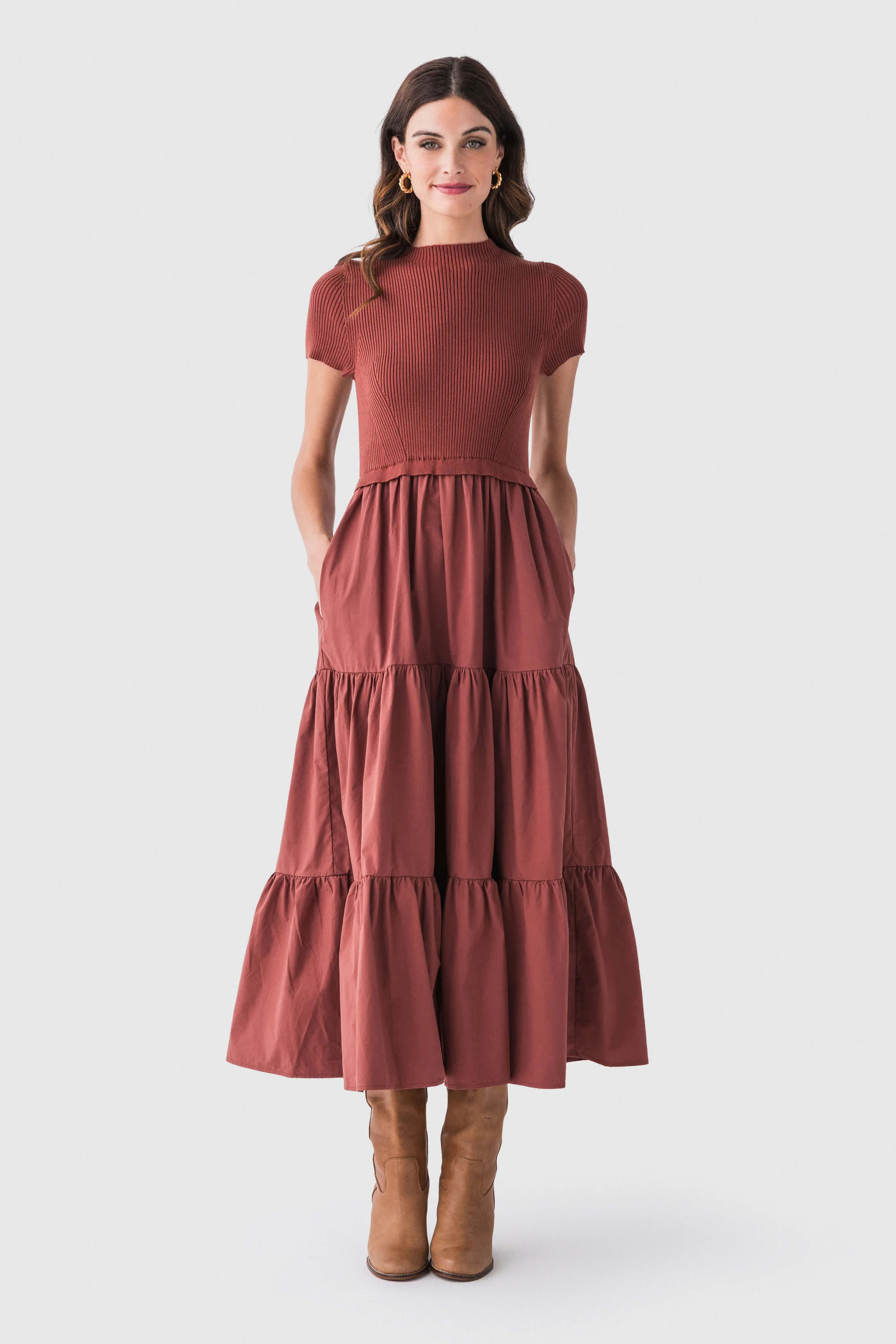 Cammelia Mock Neck Knit Tiered Midi Dress | Social Threads