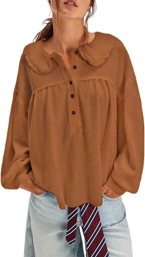 Women's Waffle Knit Tops Collared Solid Color Pullover Long Sleeve V Neck Solid Color Loose Tunic | Amazon (US)