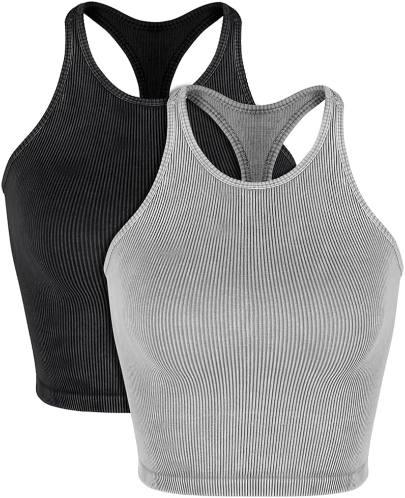 ODODOS Women's Crop 3-Pack Washed Seamless Rib-Knit Camisole Crop Tank Tops | Amazon (US)