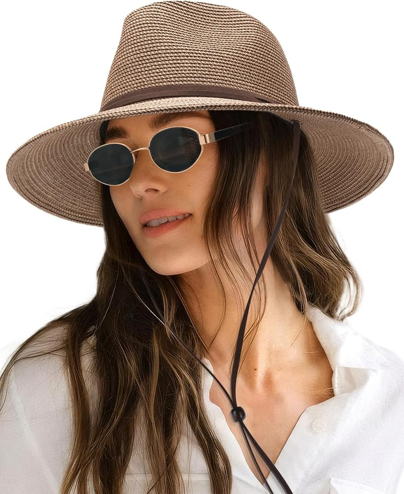 FURTALK Womens Sun Hat Summer Straw Beach Hats UPF 80+ Wide Brim Panama Fedora Hats with Wind Lan... | Amazon (US)