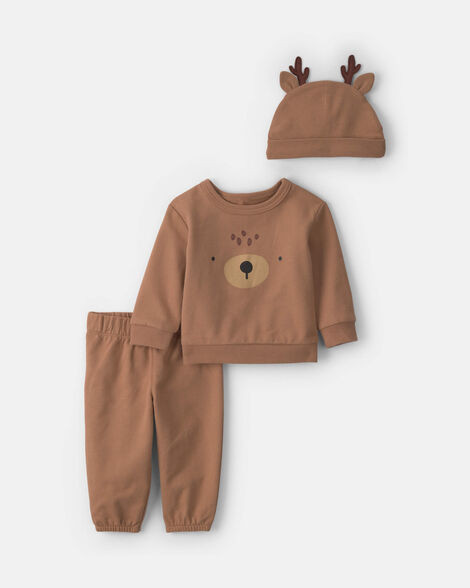 Baby 3-Piece Reindeer Christmas Long-Sleeve Top & Pant Set - Brown | Carter's | Carter's Inc