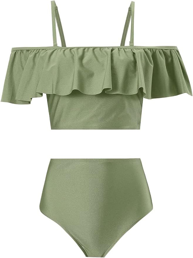 Kaei&Shi High Waisted Flounce Bikini Set,Tummy Control Swimsuits for Women,Off Shoulder | Amazon (US)