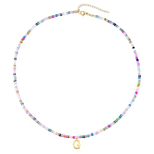 Cute Handmade Colorful Initial Necklace - Trendy Beaded Choker Necklace for Women Teens, Gold Letter Choker Necklace for Women Jewelry Gifts Best Friend (Sweet Color, G) | Amazon (US)