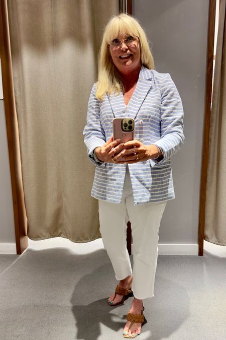 Nothing says warm weather better than white jeans, accented with shades of blue. I love the detailing on this jacket! White Jeans, Spring Outfit, Travel Outfit 

#LTKtravel #LTKover40 #LTKSeasonal