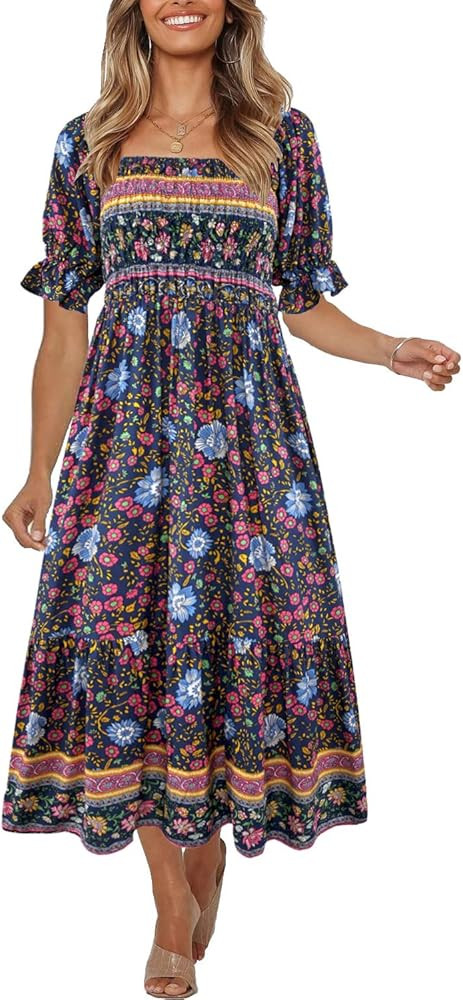 Women's Summer Bohemian Square Neck Floral Print Ruffle Vintage Flowy Beach Vacation Long Midi Bo... | Amazon (US)