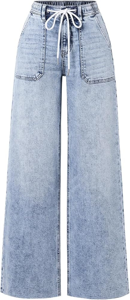 Womens Jeans Mid Waisted Straight Baggy Wide Leg Stretch Denim Boyfriend Jeans | Amazon (US)