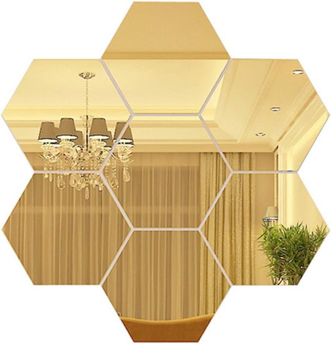 7.9''x6.7''x4'' Hexagon Gold Mirror Wall Sticker, 12 Pack Acrylic (Non Glass) Mirror Self Adhesiv... | Amazon (US)