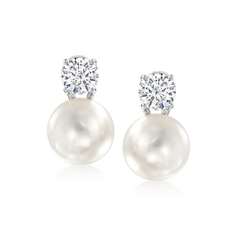 Italian 10.5-11mm Cultured Pearl and 1.50 ct. t.w. CZ Drop Earrings in Sterling Silver | Ross-Simons