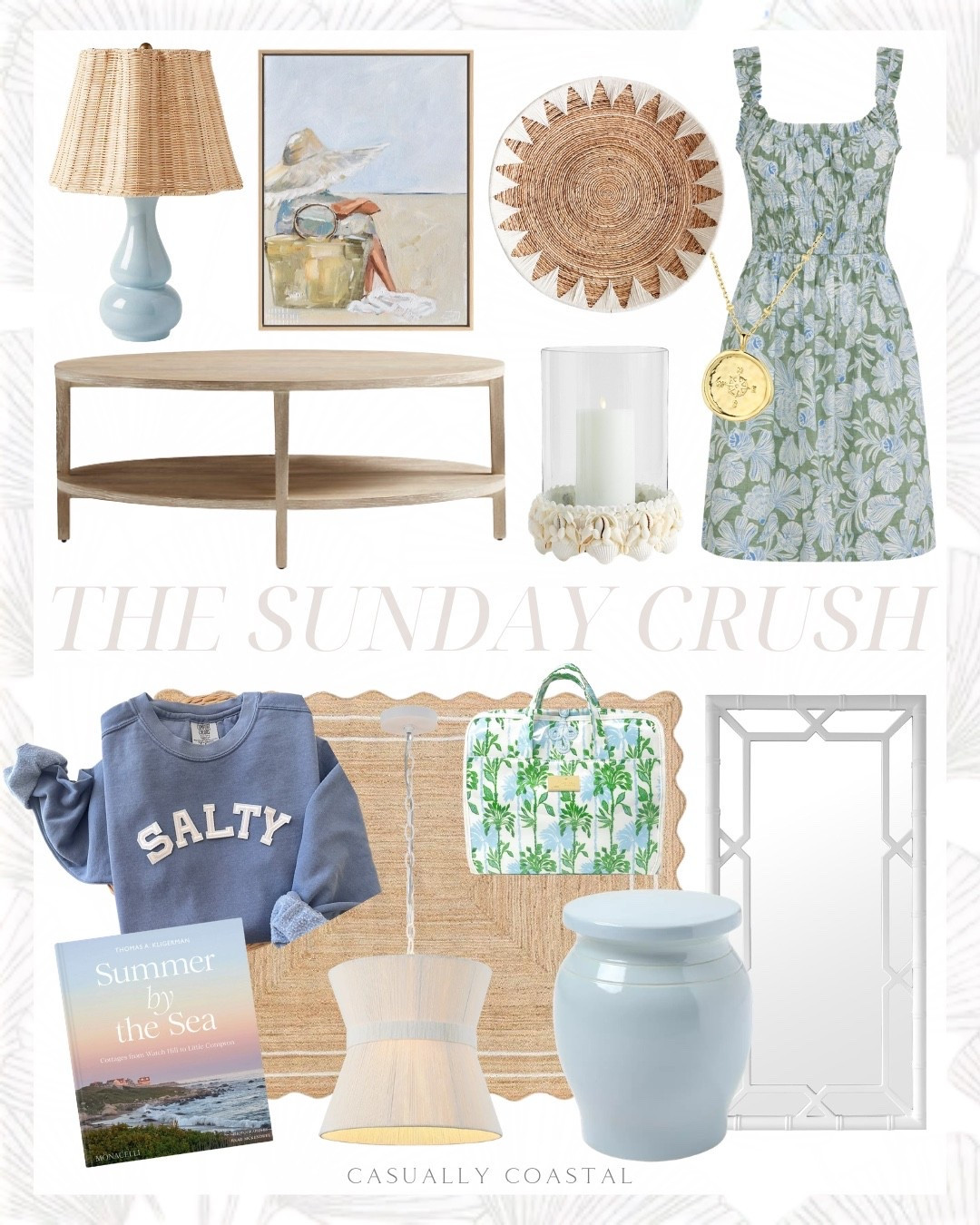 The Sunday Crush! 

Coastal home decor, coastal rug, coastal dress, coastal sweatshirt, coastal mirror, coastal book, coastal lamp, coastal wall baskets, coastal wall decor, oval coffee table, coastal wall art, oak wood 48” oval coffee table, Draper James dress, compass coin necklace, gold necklace, raffia kitten heel sandals, coastal painting, shell hurricane candle holder, rattan and iron pendant, gourd table lamp, wood frame mirror, pedestal garden stool, Amazon rug, neutral rug, jute area rug, scallop jute rug, Serena & lily rug, Lilly Pulitzer hanging toiletry bag, Salty sweatshirt, Summer by the Sea book, handwoven basket wall art

#LTKHome