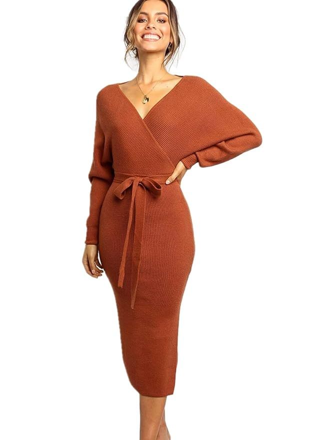 EVERICH Women's Autumn Midi Dresses Sexy V Neck Batwing Long Sleeve Wrap Belted Split Bodycon Dre... | Amazon (US)