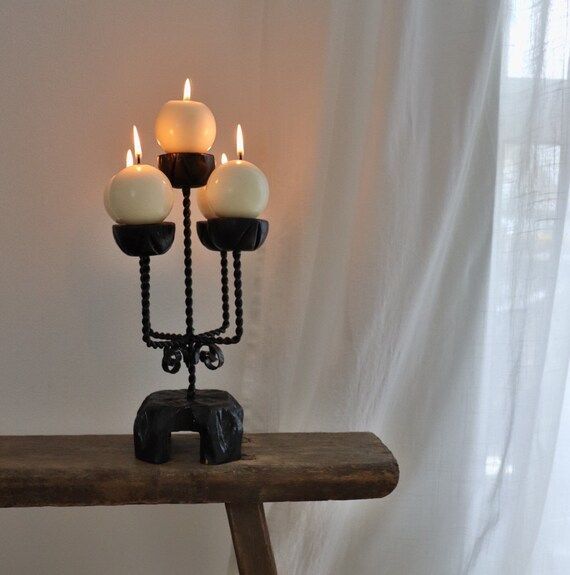 Mid Century Brutalist Candlestick Wrought Iron Wood Spain - Etsy | Etsy (US)