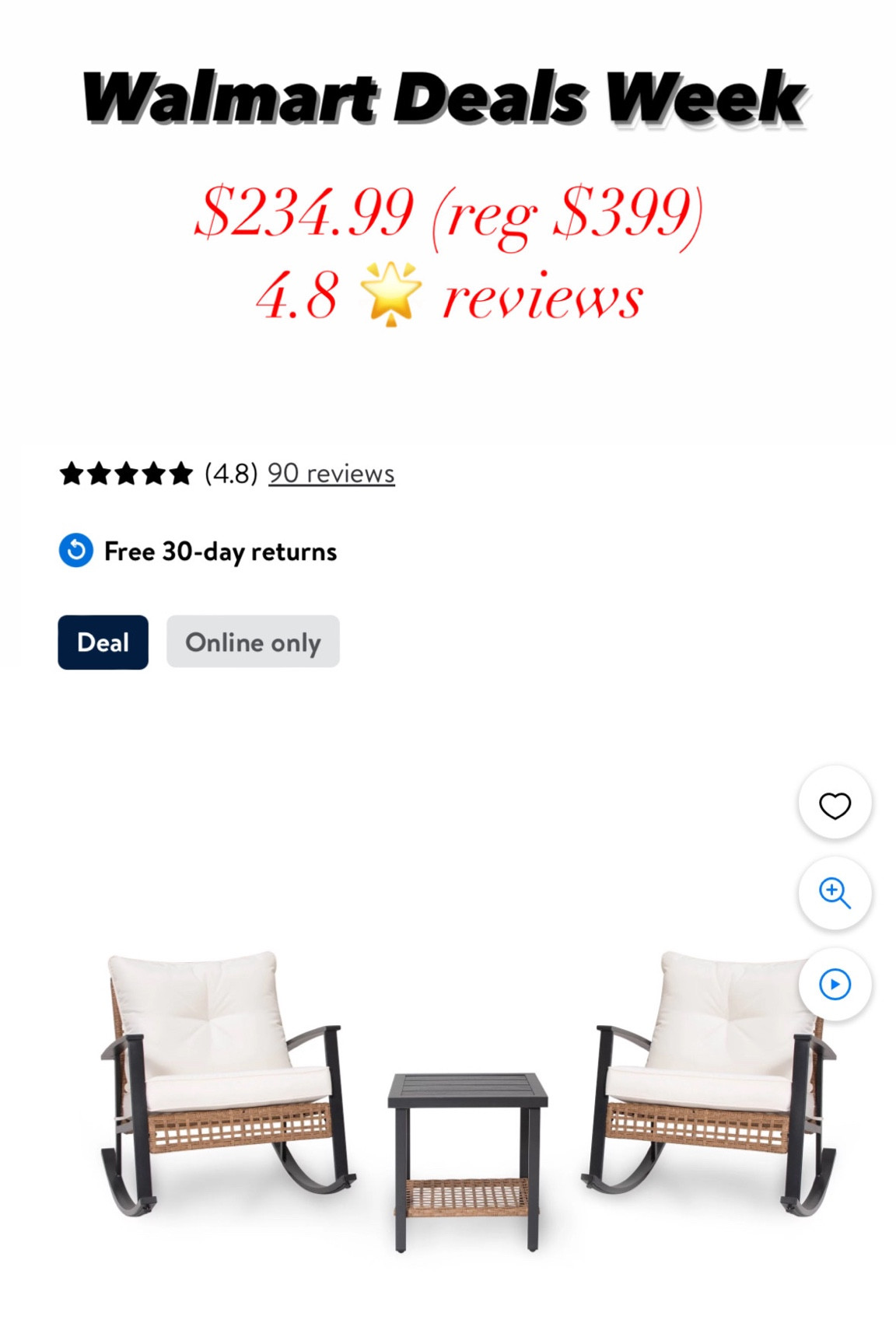 Walmart patio furniture on sale!!! Cute rocking chairs with coffee table. So cute for the front porch or back patio. 


Home decor. Egg chair. Target circle week. Walmart deals. 


#LTKSeasonal #LTKHome #LTKSummerSales