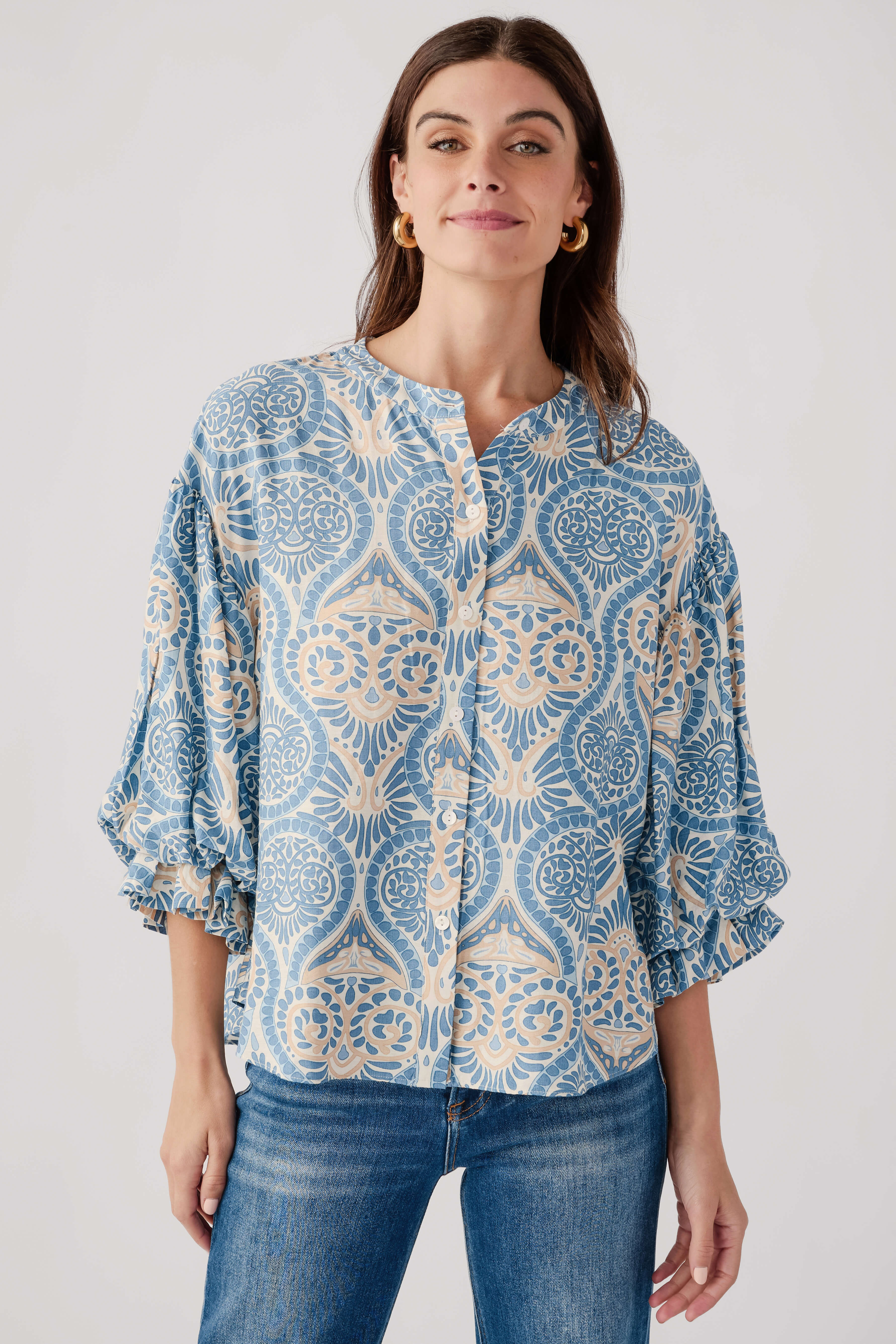 Fate Damask Print Ballon Sleeve Top | Social Threads