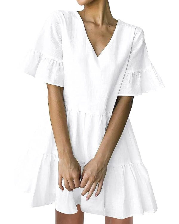 FANCYINN Women’s V Neck Cute Shift Dress with Pockets Bell Sleeve Ruffle Hem Loose Swing Summer... | Amazon (US)