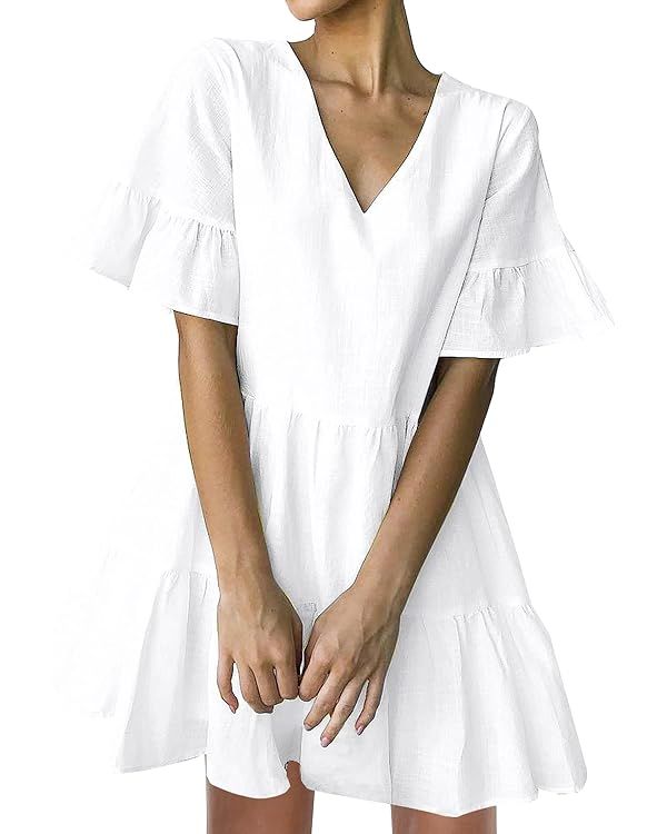 FANCYINN Women’s V Neck Cute Shift Dress with Pockets Bell Sleeve Ruffle Hem Loose Swing Summer... | Amazon (US)