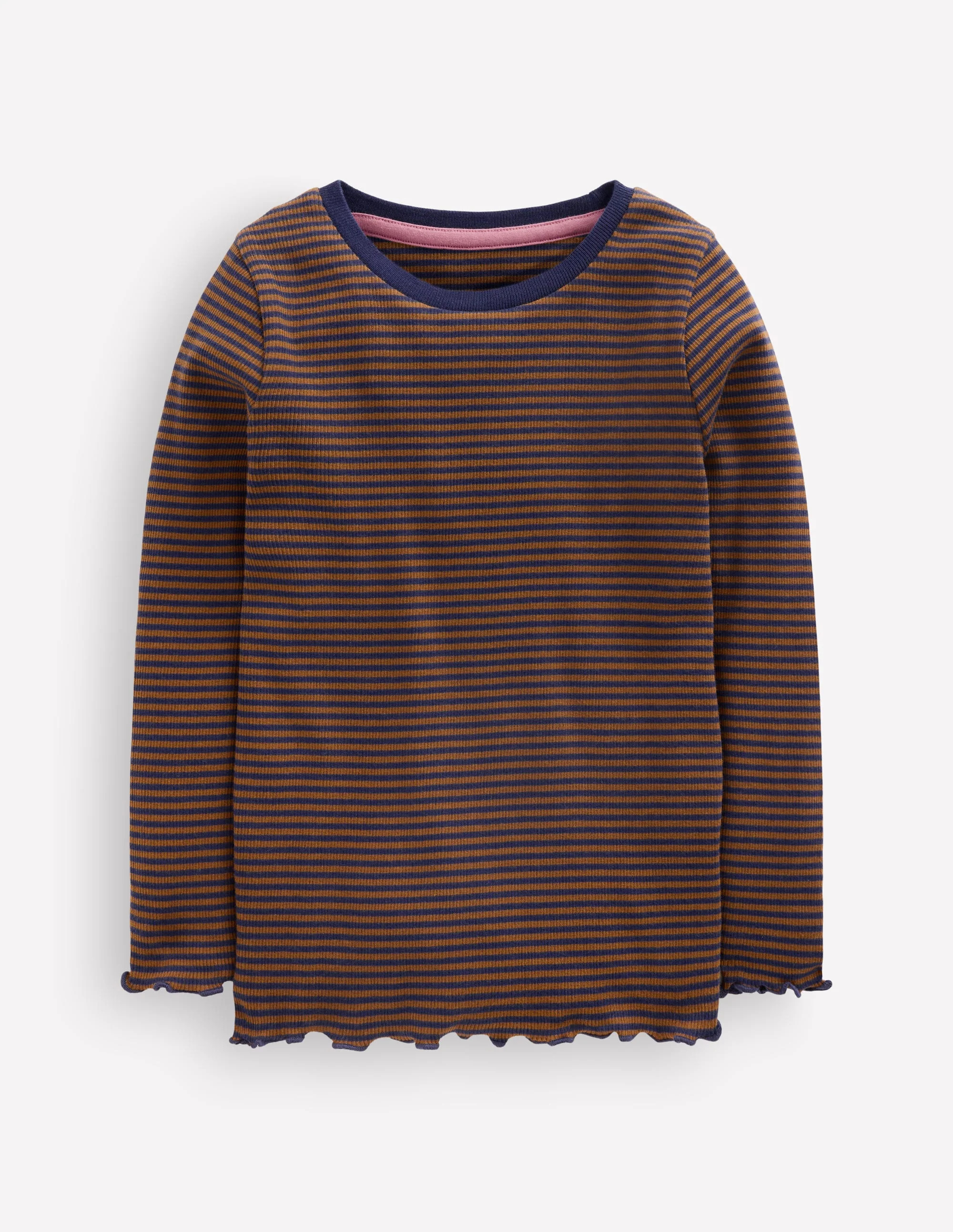 Ribbed Long Sleeve T-Shirt-Navy/ Camel Stripe | Boden (US)