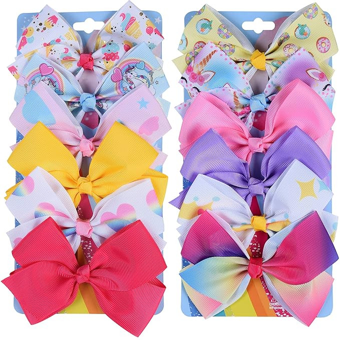 12Pcs 5 Inch Hair Bows for Girls,Unicorn Rainbow Heart Hair Bow Alligator Clips Colorful Grosgrai... | Amazon (US)