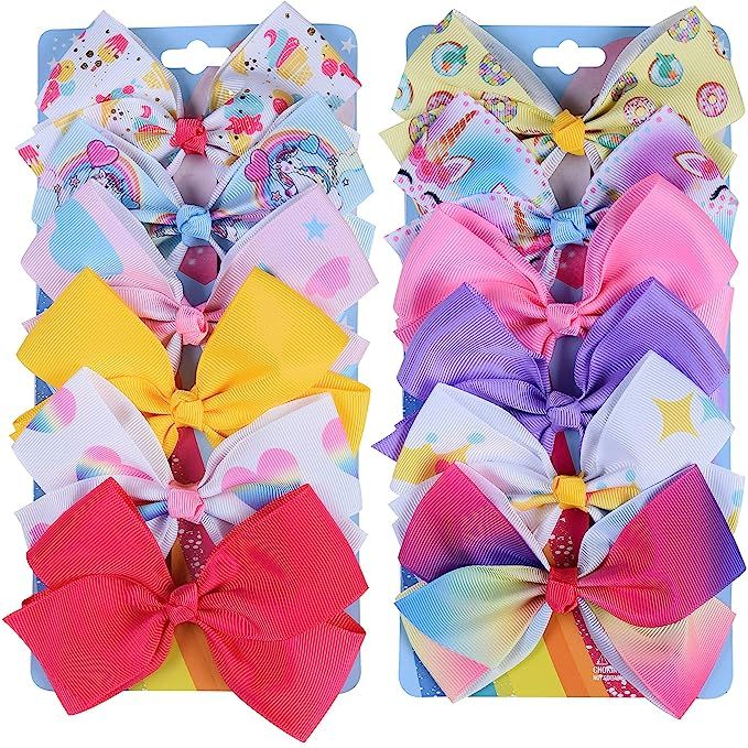 12Pcs 5 Inch Hair Bows for Girls,Unicorn Rainbow Heart Hair Bow Alligator Clips Colorful Grosgrai... | Amazon (US)