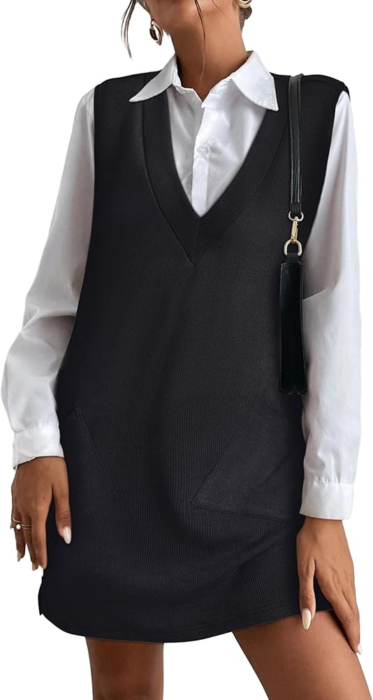 VETIOR Women's Sweater Vest Dresses Overall V Neck Sleeveless Cute Pinafore Dress with Pockets 20... | Amazon (US)