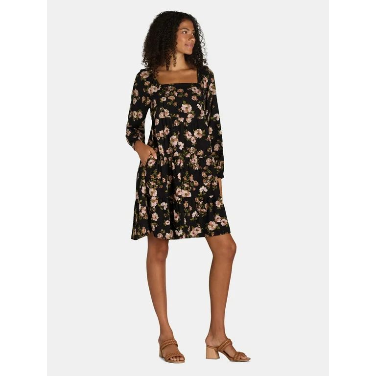 Time and Tru Women's Square Neck Mini Dress with Long Sleeves, Sizes XS-XXXL | Walmart (US)